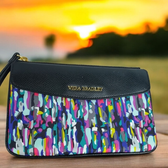 Vera Bradley Black Watercolor Brush Stroke Envelope Wristlet Wallet Clutch Zip - Picture 1 of 13